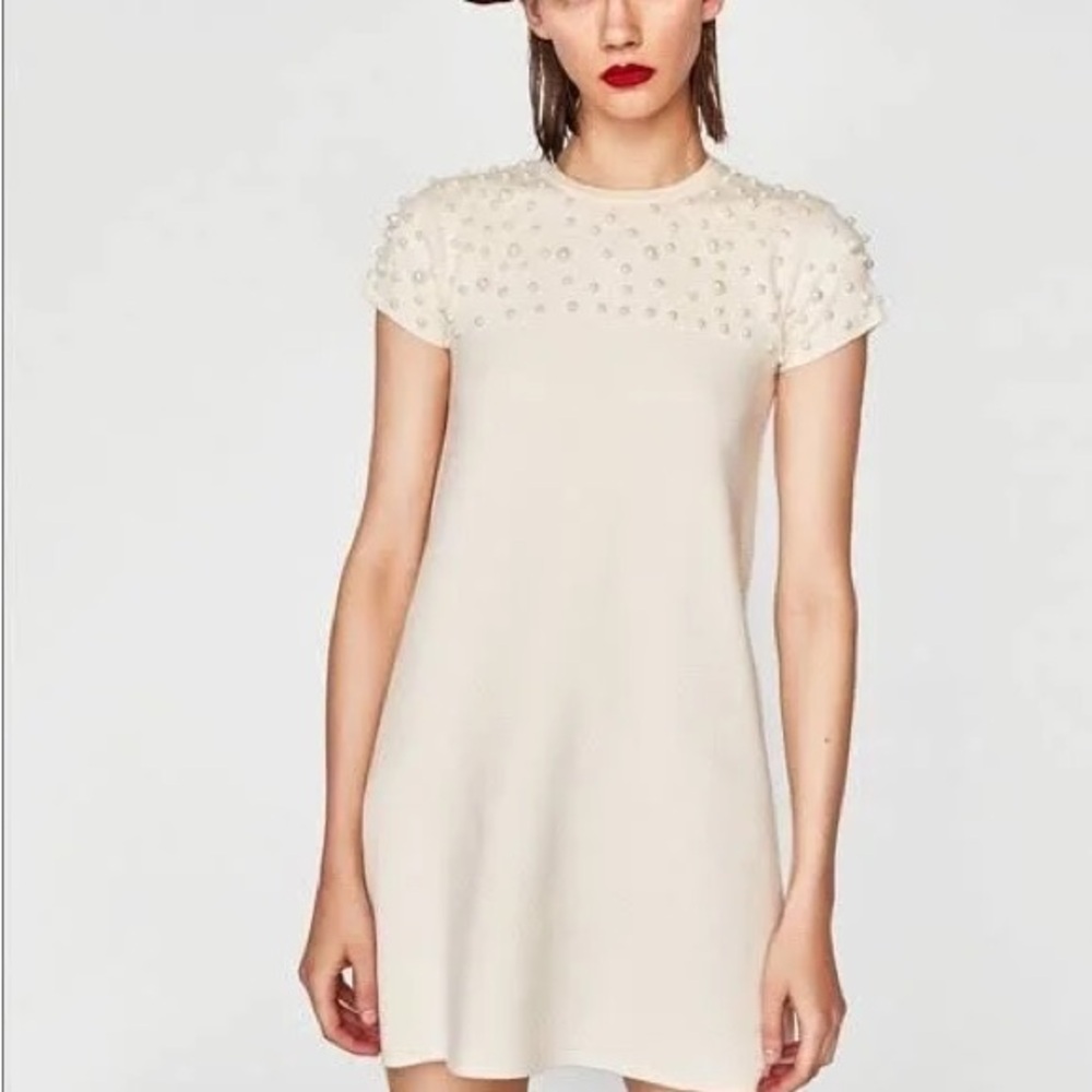 Zara Cream Sweater Dress with Pearl Details